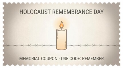 flat coupon design template for holocaust remembrance day memorial illustration template featuring single burning candle with faint barbed wire line on light neutral background with soft vignette