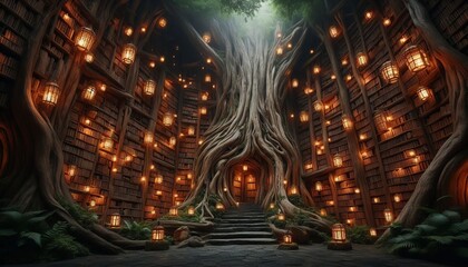 Ancient library carved into a giant tree trunk floating lanterns
