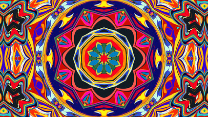 Kaleidoscopic geometric design with perfect symmetry and vibrant rainbow colors, creating a bold psychedelic visual effect. Ideal for digital art, music visuals, and retro designs.