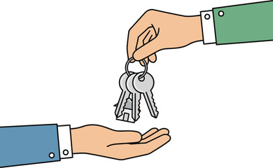 Hand exchanging house keys as home ownership transfers in a residential real estate transaction