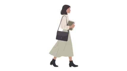 Illustration of a woman walking with a book and bag against a black background in a simple style