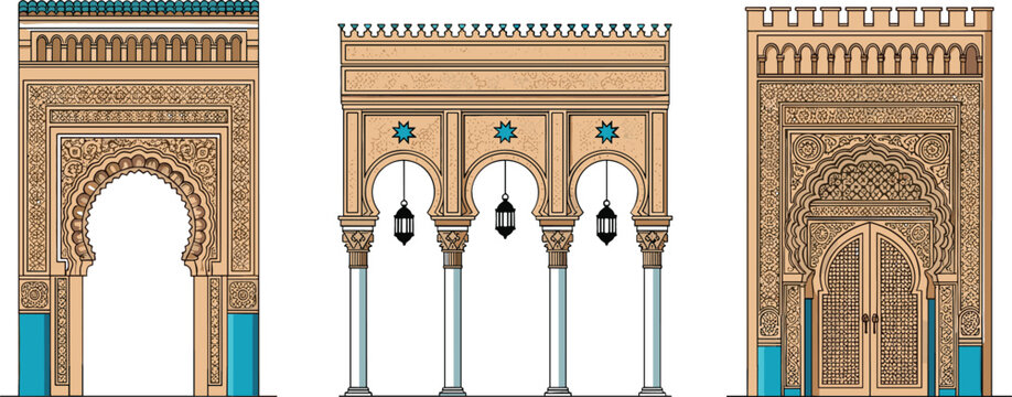 Set of intricate Moorish and Arabian architectural elements, featuring ornate arches, columns, lanterns, and carved doors, representing Islamic cultural heritage vector collection