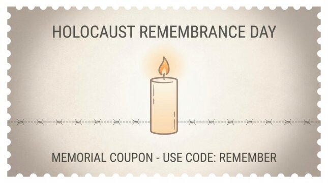 flat coupon design template for holocaust remembrance day memorial illustration template featuring single burning candle with faint barbed wire line on light neutral background with soft vignette