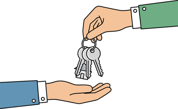 Hand exchanging house keys as home ownership transfers in a residential real estate transaction