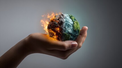 A hand cradles Earth, one side lush and blue, the other consumed by flames, illustrating global warming and environmental degradation.