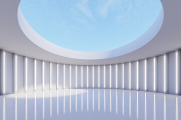 Fototapeta premium A futuristic minimal circular interior illuminated by vertical LED light panels arranged around smooth curved walls, with a large skylight opening revealing a bright blue sky. 3d rendering.