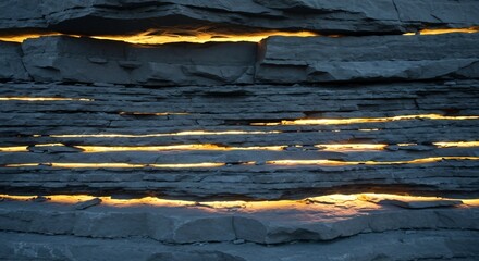 Layered rock formation with glowing golden crevices