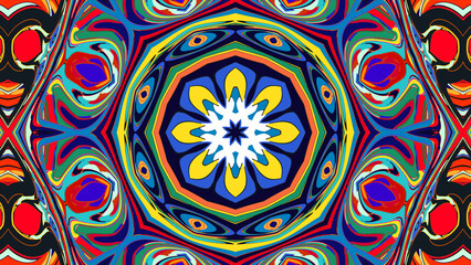 Kaleidoscopic geometric design with perfect symmetry and vibrant rainbow colors, creating a bold psychedelic visual effect. Ideal for digital art, music visuals, and retro designs.