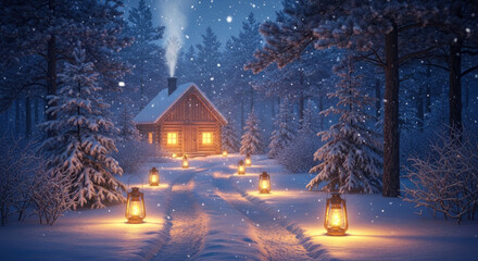 Idyllic Christmas Scene with a Warm House and Lights in the Woods.