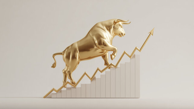 上昇するグラフの上を進む黄金のブルを表現した金融コンセプト3Dアート