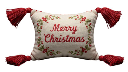 Embroidered merry christmas pillow with red tassels against a black background in studio lighting