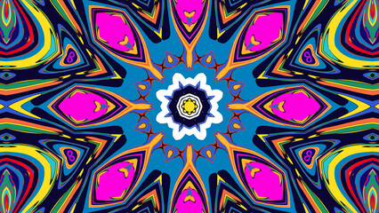 Vivid kaleidoscope design featuring abstract geometric shapes with a vibrant multicolored palette.