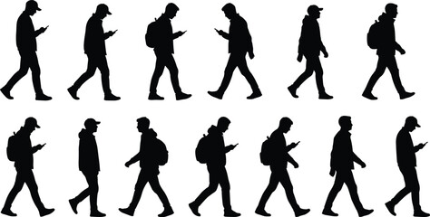 People Walking and Looking at Mobile Phones Vector Silhouettes Set, Young Men Texting While Moving, Pedestrian Commuters Using Smartphone Isolated on White Background for Technology Design