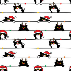 Seamless Pattern with Cartoon Christmas Cat and Line Design on White Background. Hand Drawn Vector Illustration.