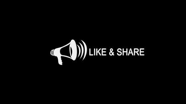 White megaphone icon with sound waves and text LIKE & SHARE on black background Like and share