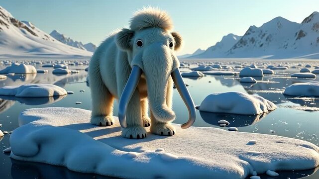 woolly mammoth stands on ice floe, surrounded by frozen water and snow-covered landscapes. majestic mammoth walks on ice floe in prehistoric frozen world. cold, snowy, surreal atmosphere.