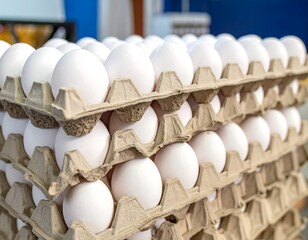 Stacked egg cartons filled with white eggs, a common grocery item
