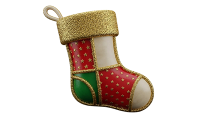 Close up of a christmas stocking with red stars and green accents on a black background space for gifts