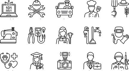 Modern profession and occupation line icon collection featuring tools, workers, education, medical care, automotive, culinary, and industrial careers in clean vector style