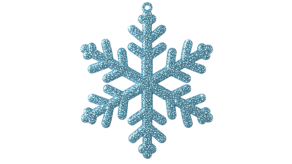 A glittering blue snowflake ornament hanging against a stark black background for christmas decor