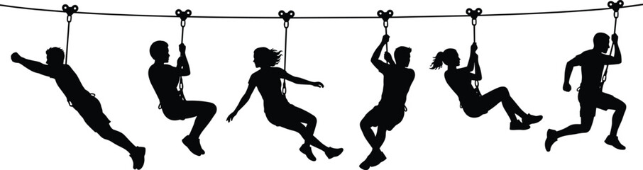 Silhouettes of adventurous people enjoying a challenging zipline, traversing an obstacle course, symbolizing freedom, teamwork, fun, and extreme outdoor sports activity.