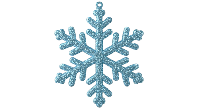 A glittering blue snowflake ornament hanging against a stark black background for christmas decor
