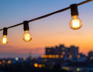 String lights glow against a twilight cityscape, soft focus buildings
