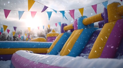 Colorful inflatable playground set up in the snow with festive banners under a bright sunny sky during snowfall