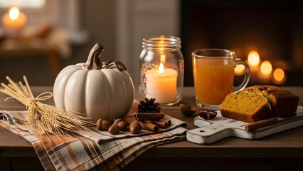 Cozy Autumn Still Life with Pumpkin Bread, Spiced Cider, Fall Decor, and Warm Candlelight