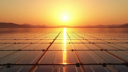 solar farm captures sunlight with rows of solar panels soaking in energy. sustainable energy. solar farm reflects warm sunlight at dusk. efficiency of solar panels in generating renewable energy.