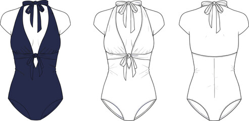 Technical flat sketch of halter neck one piece swimsuit with bow tie details, professional apparel design template for fashion industry, cad drawing flat vector illustration