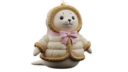 Ornate seal christmas ornament with gold trim and pink bow on a black background isolated close up