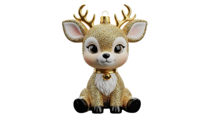 A cute golden glittery reindeer christmas ornament with a bell sitting on a black background