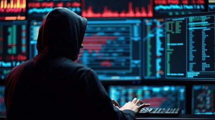 Financial cybercrime analysis security expert hooded figure computer screen monitoring digital transaction breach patterns and global threat code