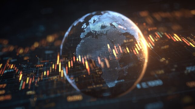 A digital globe overlaying vibrant financial candlestick charts, symbolizing global market trends, economic data, and technological analysis in a dynamic interface.