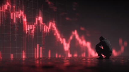 A lone figure in despair watches a vivid red financial chart displaying a market crash, signifying economic crisis and significant losses.