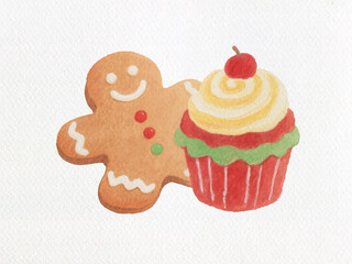 Gingerbread Man and Cupcake: A whimsical pairing of a cheerful gingerbread man and a delectable cupcake, both adorned with festive details.