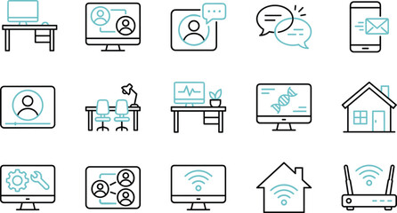 Remote work and digital communication icons featuring video calls, online collaboration, home office setups, messaging tools, and wireless connectivity in modern line style