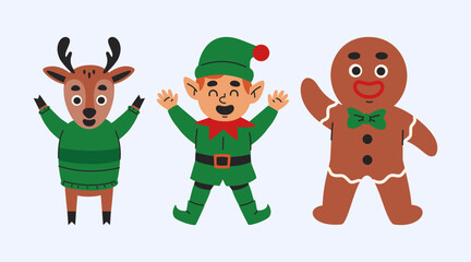 Joyful Holiday Characters Animated Reindeer Elf Gingerbread Man Festive Fun Illustration