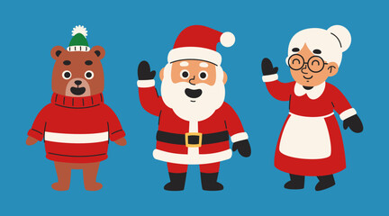 Charming Festive Characters Cartoon Illustration Featuring Santa Claus Mrs Claus And A Bear Pal