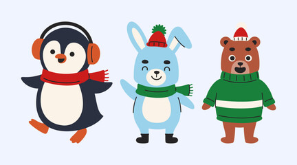 Charming Winter Animal Characters Adorable Penguin Rabbit and Bear in Cozy Attire