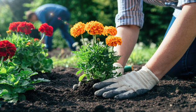 Generated image. People gardening and planting flowers in a sunny outdoor space during springtime in a residential area