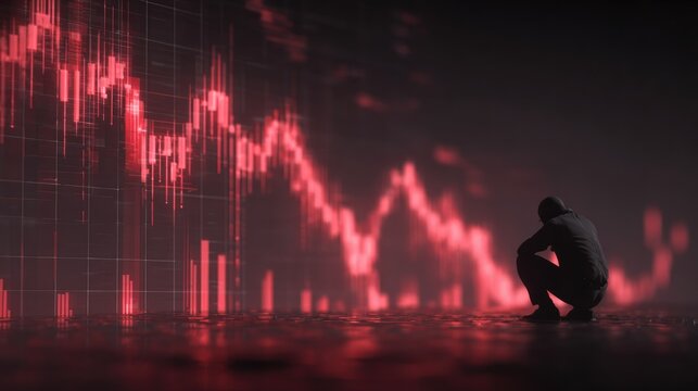 A lone figure in despair watches a vivid red financial chart displaying a market crash, signifying economic crisis and significant losses.