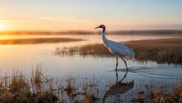 Serene sunrise with red-crowned crane in tranquil wetlands