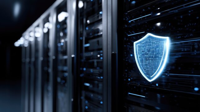 Cybersecurity shield with binary code glowingly secures a dark data center environment, representing advanced protection for network infrastructure and digital information.