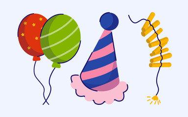 Vibrant Celebration Essentials Balloons Party Hat And Firecracker For Festive Occasions Vector