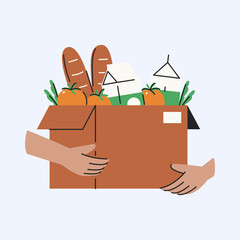 Hands Holding A Cardboard Box Brimming With Various Fresh Groceries For Delivery Or Aid