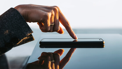 Person using a smartphone on a reflective table in a bright setting during the day