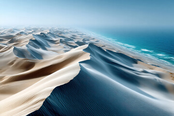 Aerial view of white sand dunes meeting blue ocean