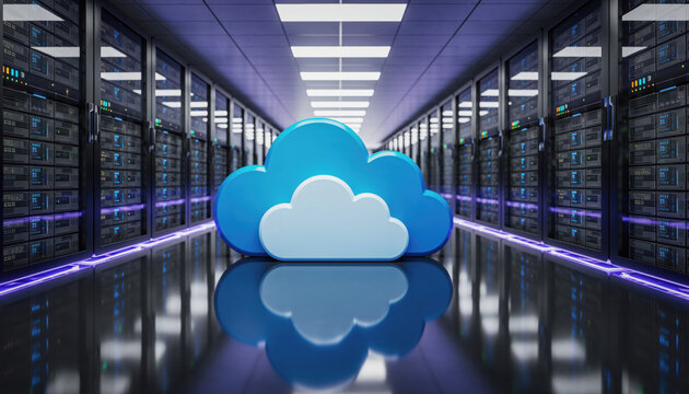 Cloud symbol in a server room with data storage racks and bright lights in a technology facility